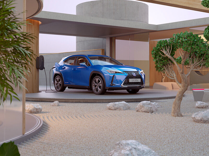 Voiture Lexus UX 300e bleu en charge