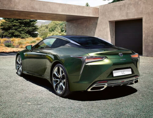 Arriere Voiture hybride Lexus LC-500h de couleur verte