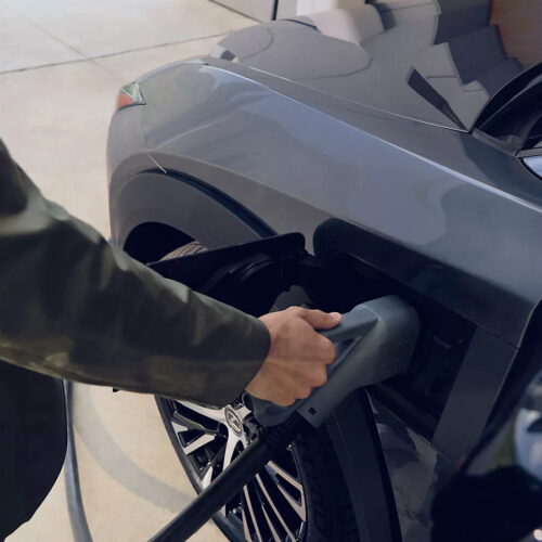 Main qui tient le cable de chargement d'une Lexus électrique