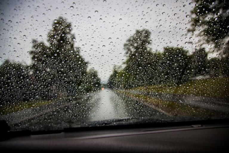 Vue à travers le pare-brise d'une voiture par temps de pluie, avec des gouttes d'eau sur la vitre et une route bordée d'arbres légèrement floue en arrière-plan